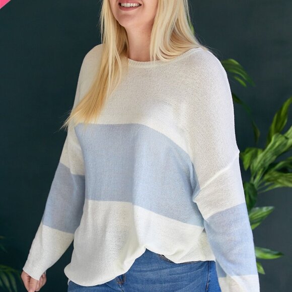 DAVI & DANI Plus Size Light Blue & White Colorblock Lightweight Sweater, Casual - Picture 3 of 9